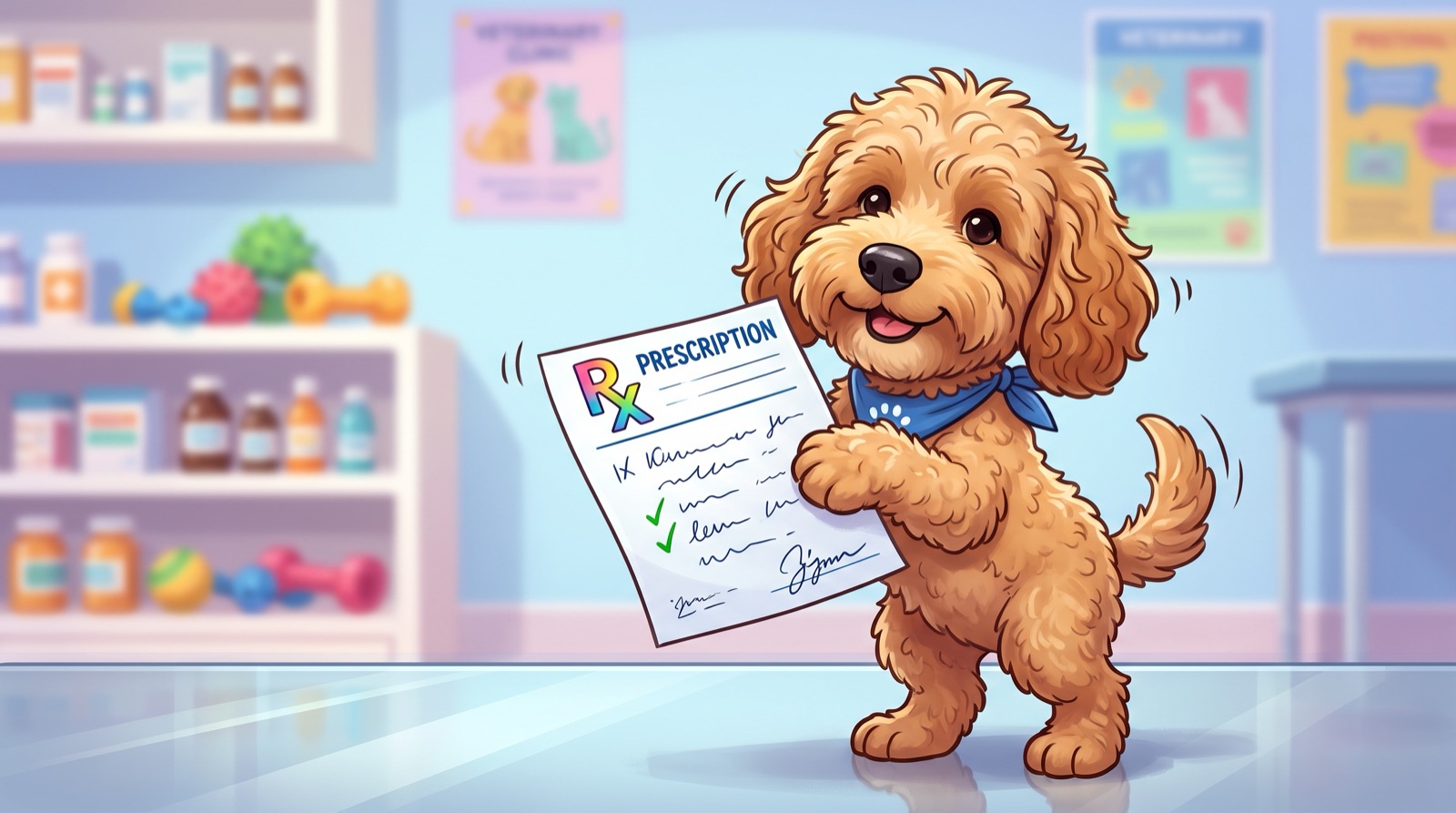 A cartoon dog in a blue bandana holding up a prescription in a vet practice
